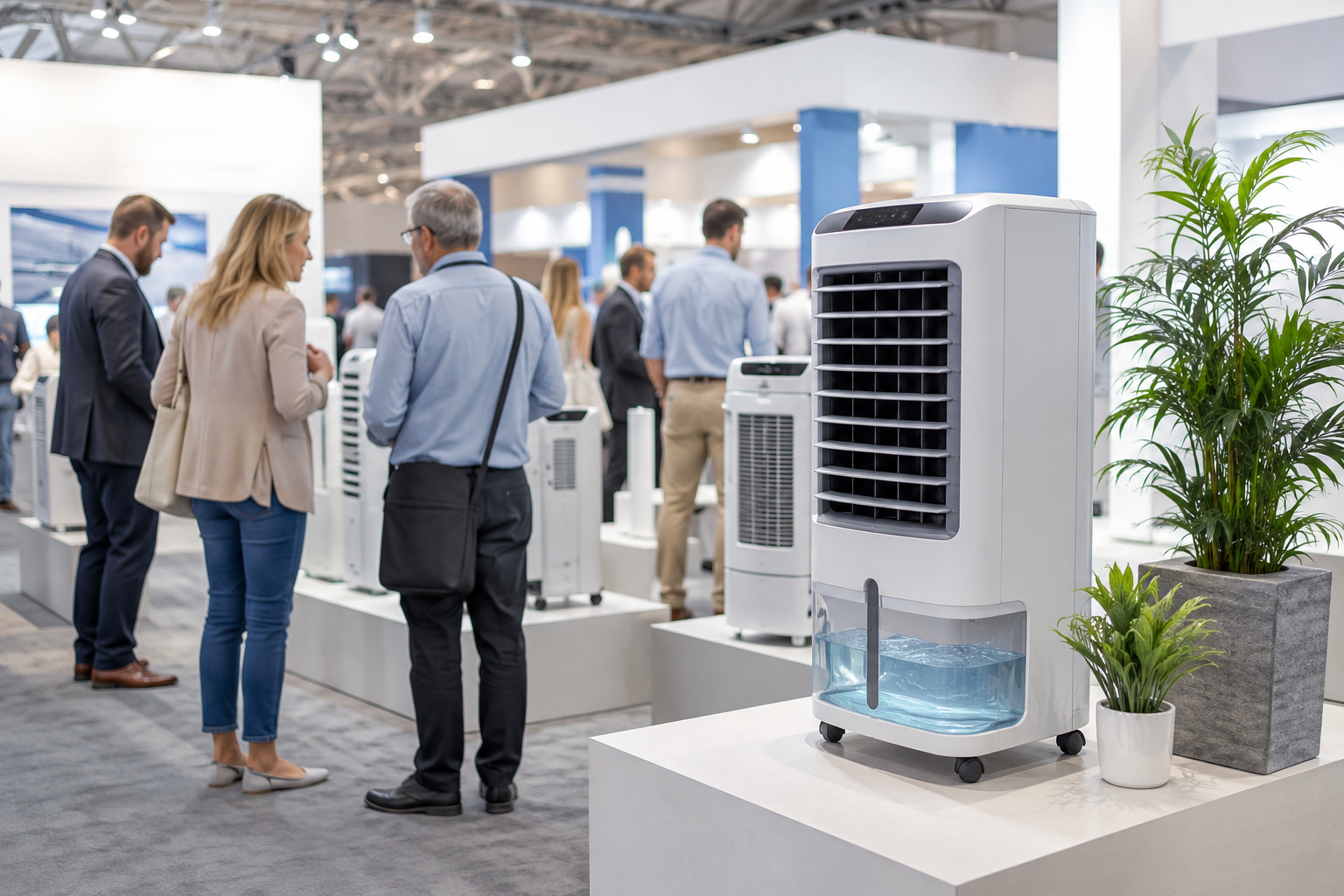 Luftkühler mit Wassertank auf Fachmesse für Klima- und Lüftungstechnik Luftkühler mit Wassertank auf einer Messe für Klima- und Lüftungstechnik mit interessierten Besuchern