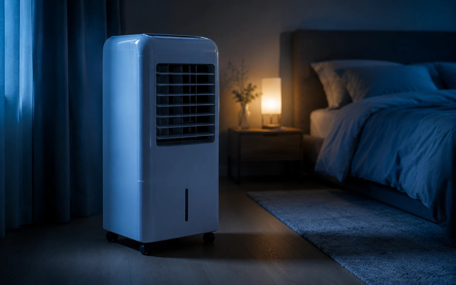 Luftkühler im Schlafzimmer bei Nacht in Betrieb