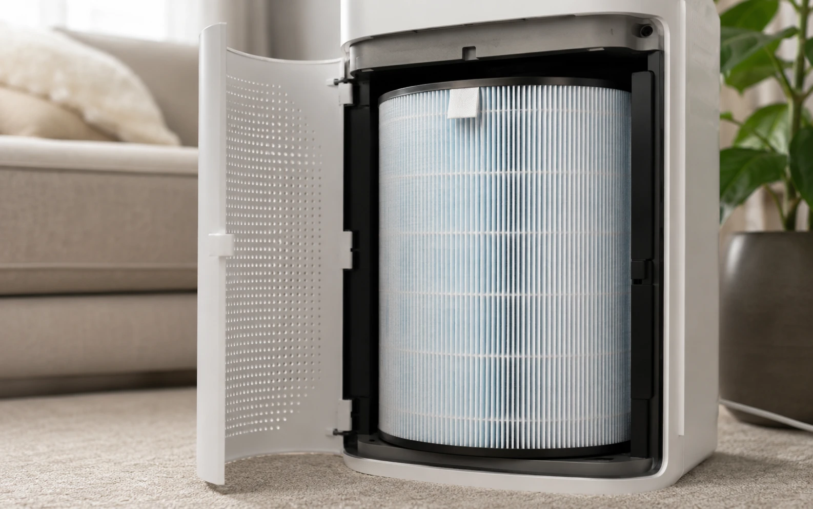 Luftreiniger mit geöffnetem HEPA Filter – Filterwechsel bei Haustieren