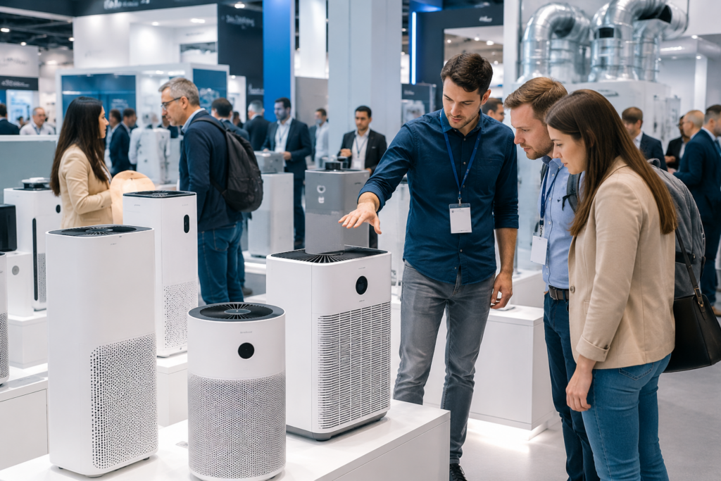 Luftreiniger auf Fachmesse für Klima- und Lüftungstechnik Luftreiniger auf einer Fachmesse für Klima- und Lüftungstechnik mit Besuchern an den Ausstellungsständen
