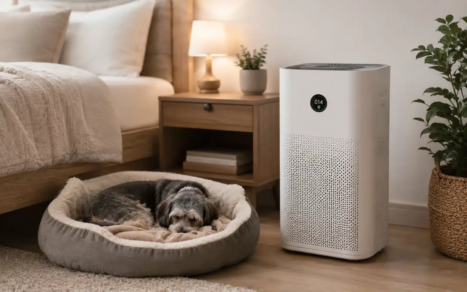 Luftreiniger im Schlafzimmer neben Hundekorb – optimaler Aufstellort bei Haustieren
