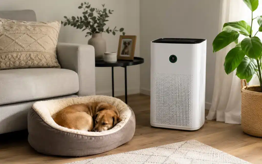 Luftreiniger im Wohnzimmer neben Tierkorb – HEPA Filter für Haustiere