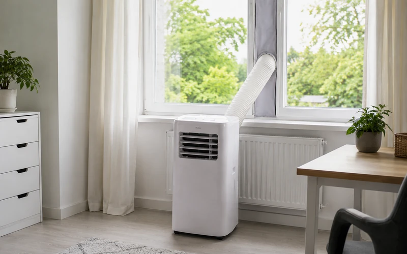 Mobile Klimaanlage richtig aufgestellt neben dem Fenster mit Abluftschlauch
