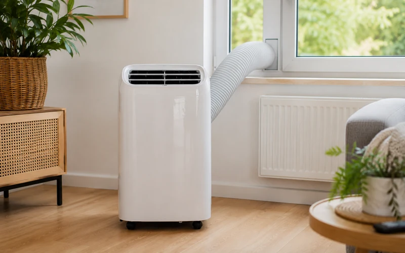 Mobile Klimaanlage Monoblock mit Abluftschlauch von vorne
