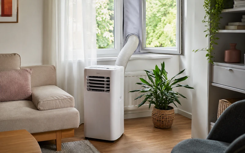 Mobile Klimaanlage mit Abluftschlauch und Fensterabdichtung im Wohnzimmer
