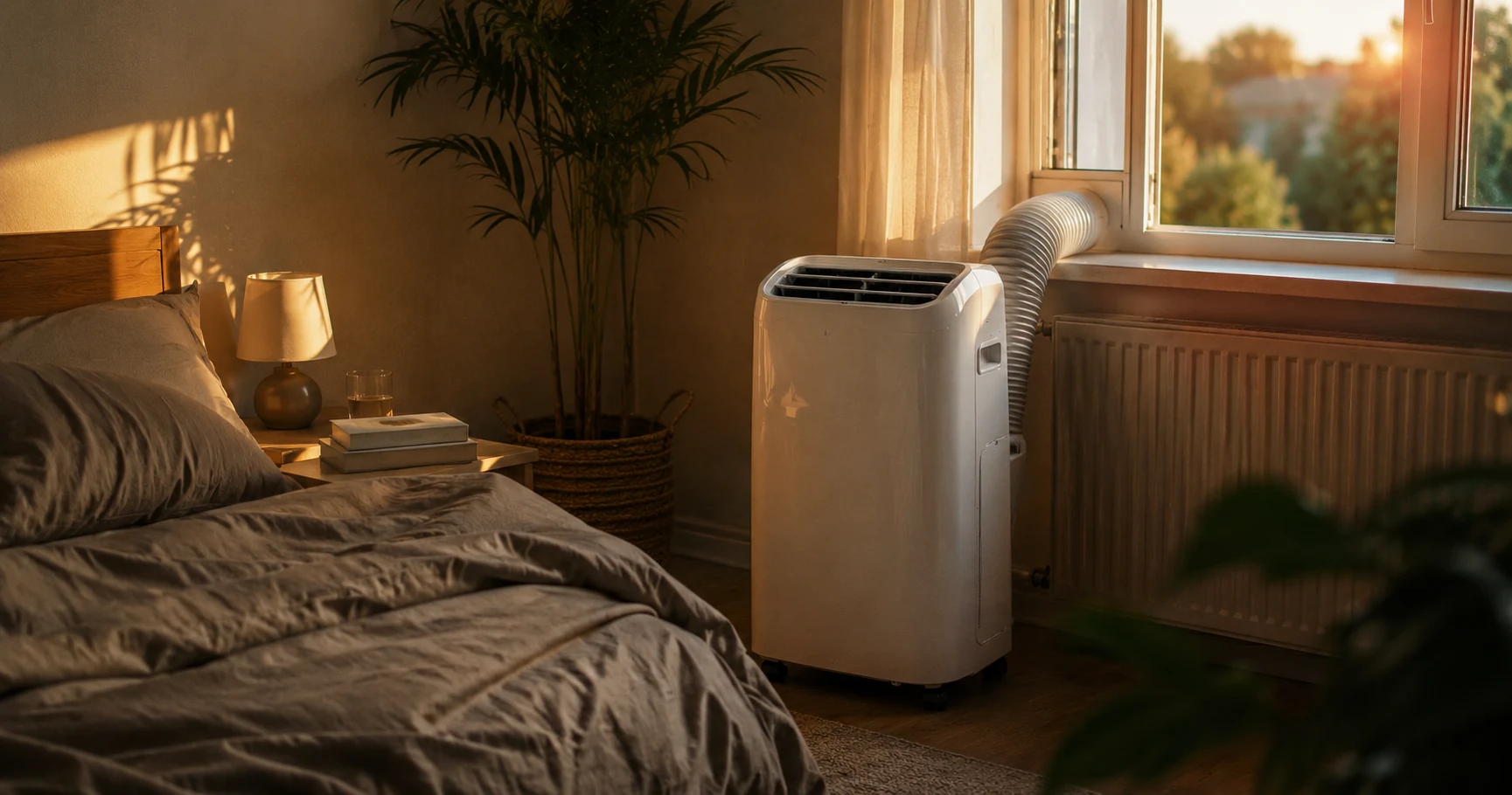 Mobile Klimaanlage mit Abluftschlauch im Schlafzimmer
