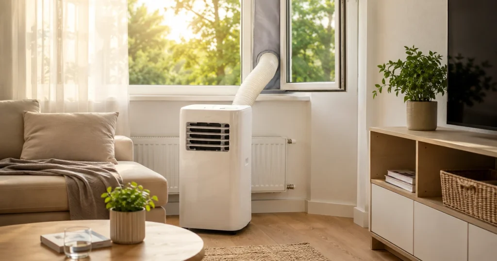 Mobile Klimaanlage mit Abluftschlauch im Wohnzimmer bei Sommerhitze