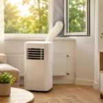 Mobile Klimaanlage mit Abluftschlauch im Wohnzimmer bei Sommerhitze
