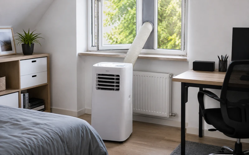 Mobile Klimaanlage im Schlafzimmer mit Abluftschlauch am Fenster
