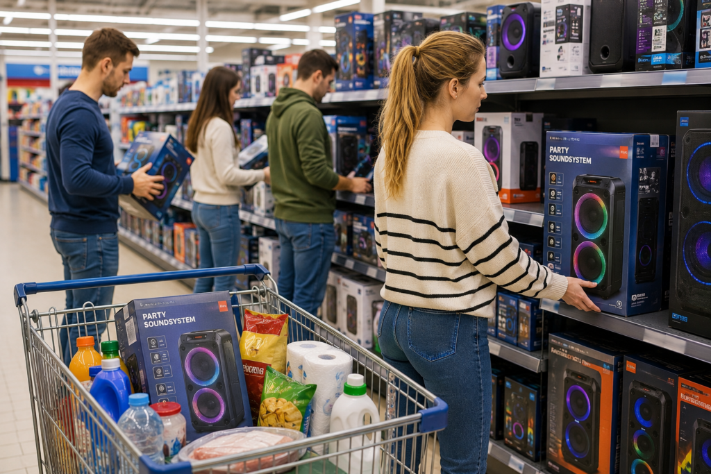 Party-Soundsystem im Einkaufswagen eines Discounters zwischen Alltagsprodukten und weiteren Musikboxen im Verkaufsregal