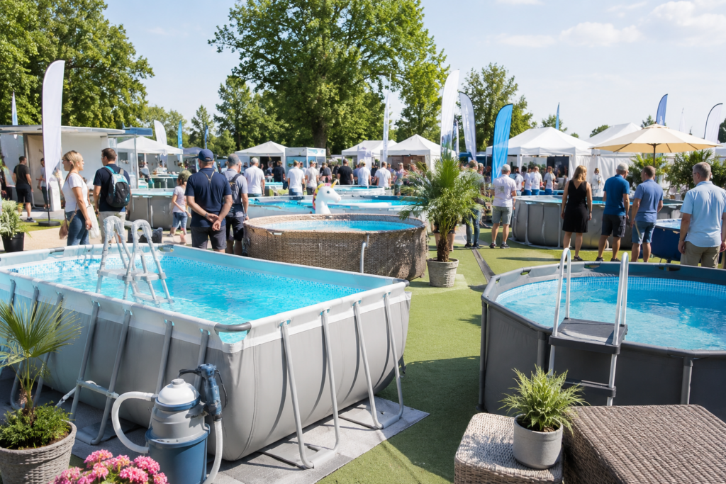 Swimmingpools auf einer Freiluftmesse im direkten Vergleich Swimmingpools im Vergleich auf einer Outdoor-Ausstellungsmesse mit Besuchern zwischen verschiedenen Poolmodellen