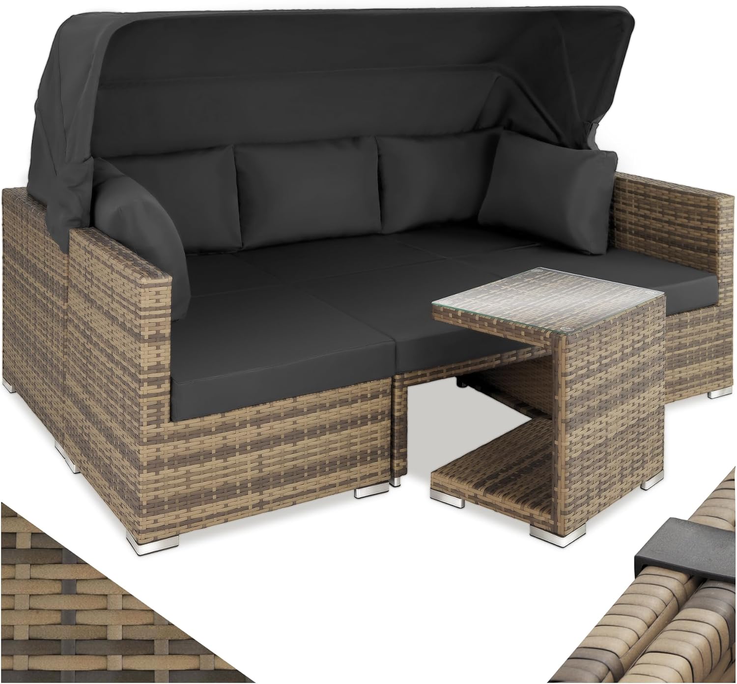 tectake Rattan Sonneninsel Premium-Empfehlung mit Sonnendach, Lounge-Möbeln und Tisch für Garten und Terrasse