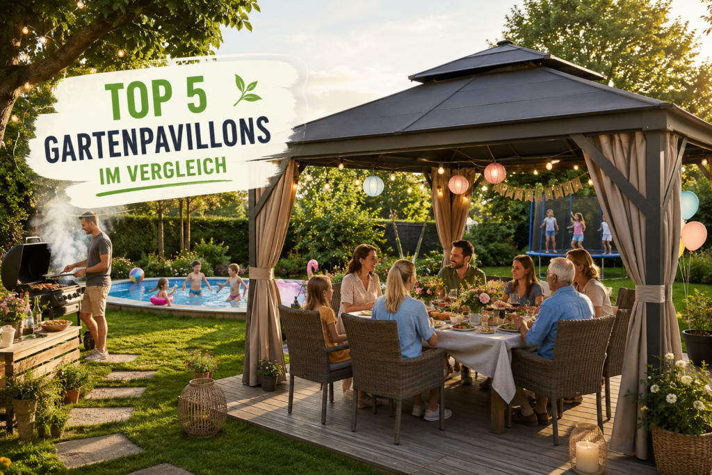 Top 5 Gartenpavillons im Vergleich auf einer Outdoor-Ausstellungsmesse mit Besuchern