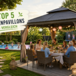 Top 5 Gartenpavillons im Vergleich auf einer Outdoor-Ausstellungsmesse mit Besuchern