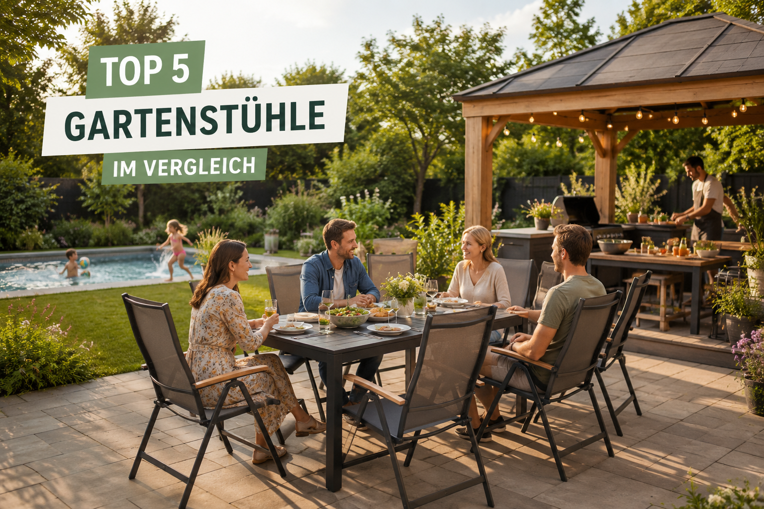 Top 5 Gartenstühle im Vergleich mit Familie und Freunden im Garten, Grillbereich unter Pavillon und spielenden Kindern am Pool