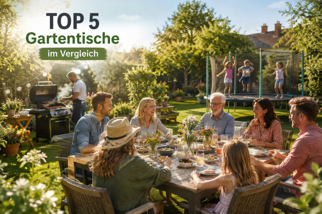Top 5 Gartentische im Vergleich mit Familie und Freunden am großen Gartentisch im Garten, Grillbereich im Hintergrund und Kindern auf dem Trampolin