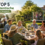 Top 5 Gartentische im Vergleich mit Familie und Freunden am großen Gartentisch im Garten, Grillbereich im Hintergrund und Kindern auf dem Trampolin