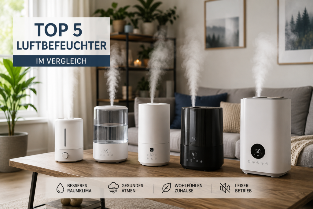 Top 5 Luftbefeuchter im Vergleich in einer modernen Wohnung mit Luftbefeuchter im Betrieb