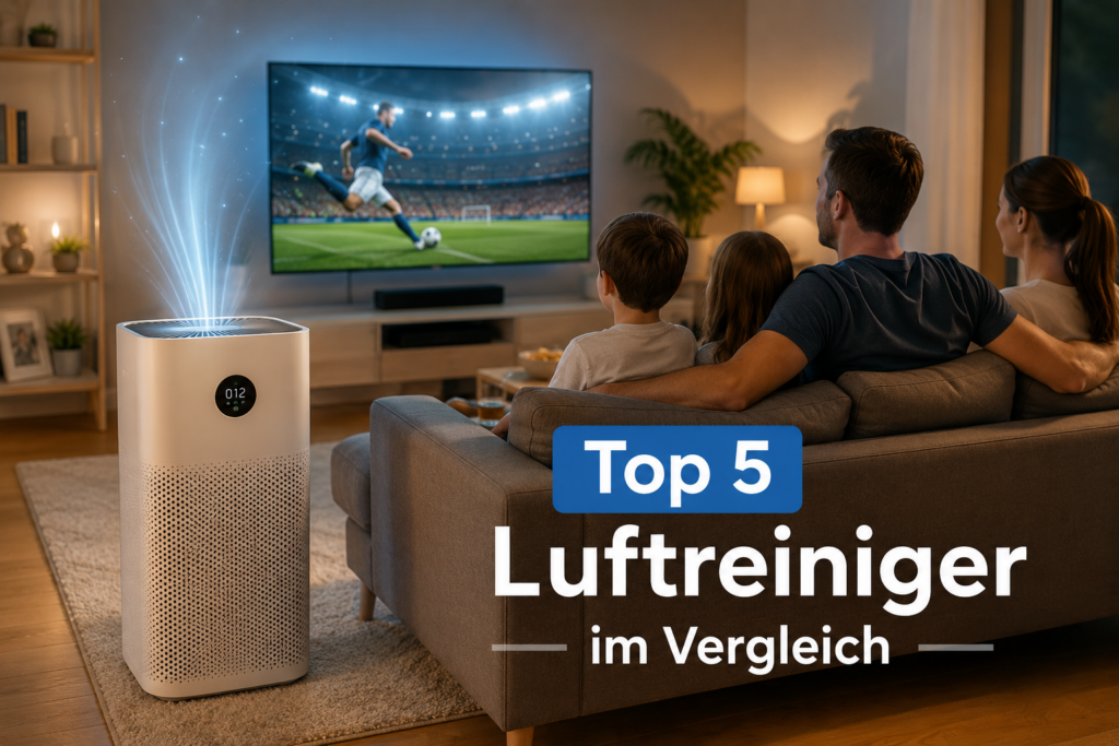 Top 5 Luftreiniger im Vergleich – Familie schaut Fußball auf der Leinwand, während ein Luftreiniger im Wohnzimmer in Betrieb ist