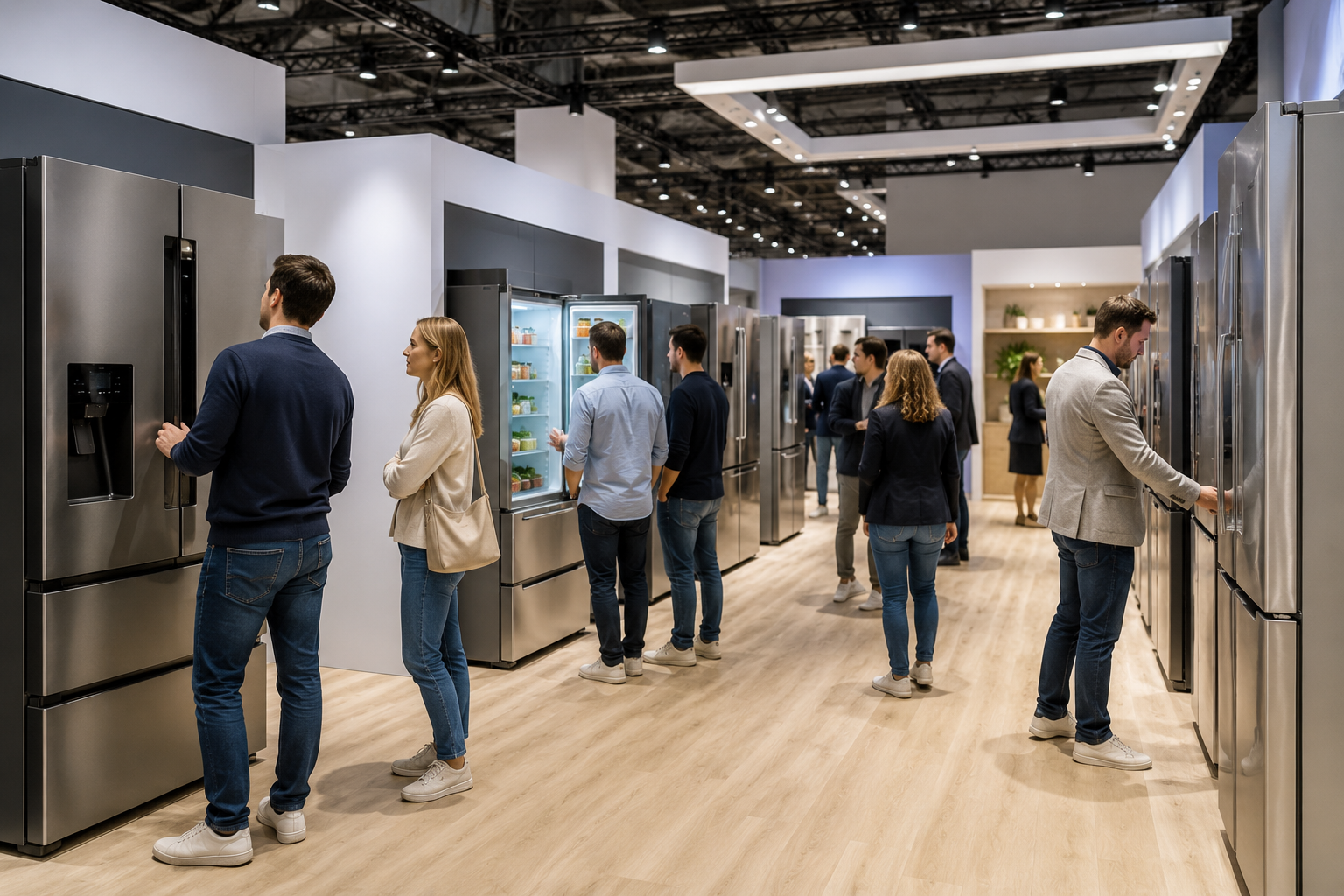 Top 5 Siemens Kühlschränke im Vergleich Top 5 Siemens Kühlschränke im Vergleich auf einer modernen Kühlschrank-Messe mit Besuchern