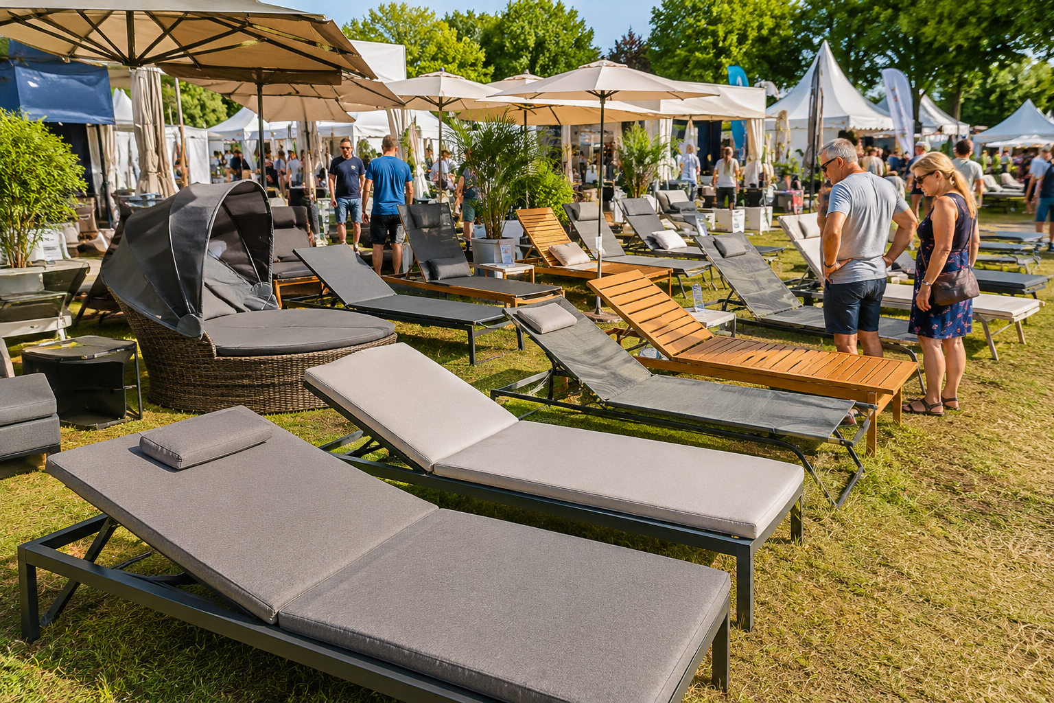 Top 5 Sonnenliegen im Vergleich auf einer Outdoor-Messe mit verschiedenen Sonnenliegen und Besuchern