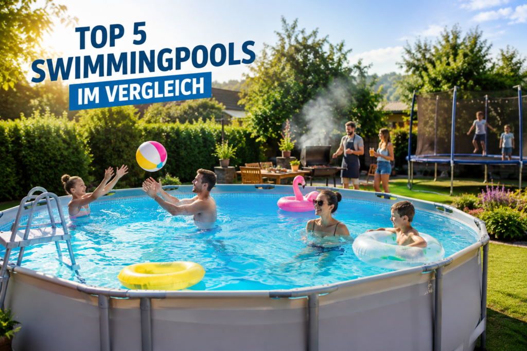 Top 5 Swimmingpools im Vergleich mit Familie und Freunden im Gartenpool, Trampolin und Grill im Hintergrund