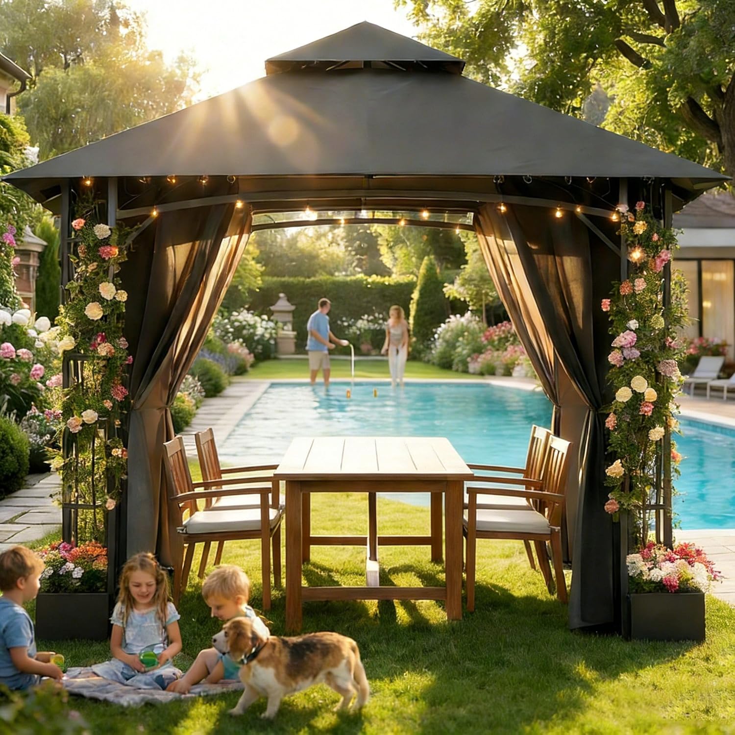 TRIUMPHKEY Pavillon Top-Bewertung TRIUMPHKEY Pavillon mit Doppeldach und dekorativen Blumentöpfen