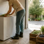 Person verstaut Gemüsekisten aus dem Garten in einer geöffneten Gefriertruhe in der Garage