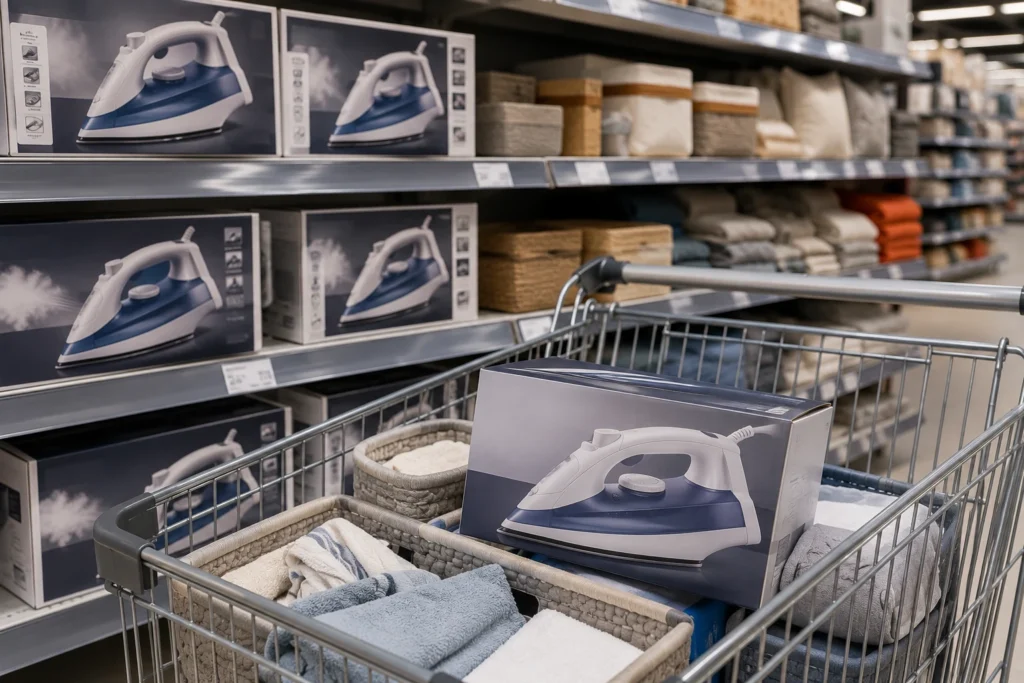 Aldi Dampfbügeleisen im Supermarktregal mit Einkaufswagen