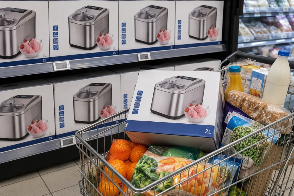 Aldi Eismaschine im Supermarktregal mit Einkaufswagen