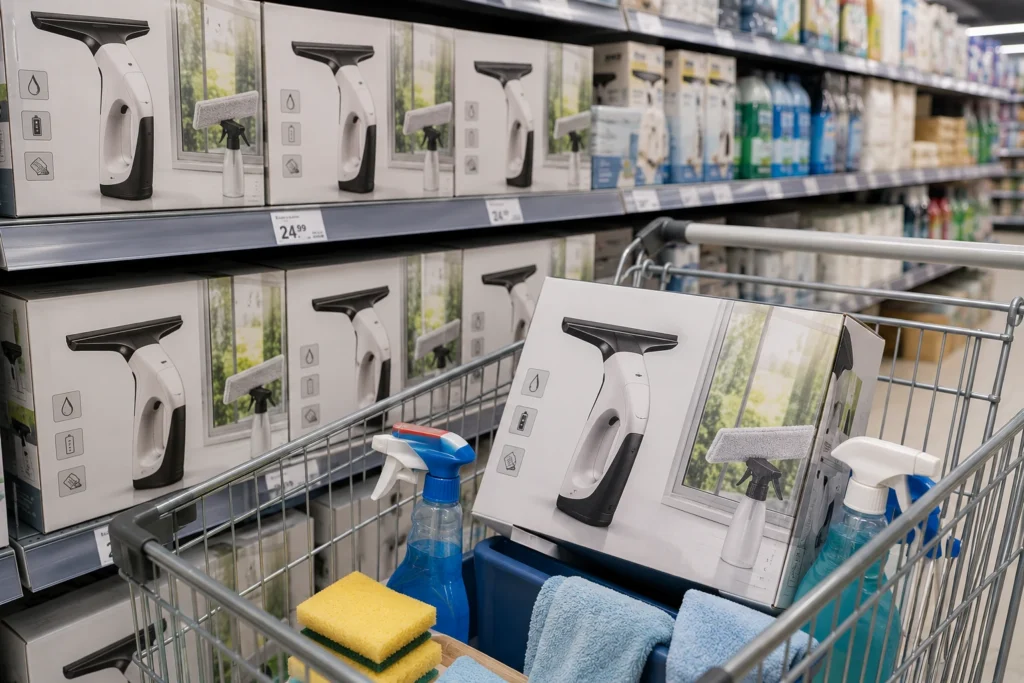Aldi Fenstersauger im Supermarktregal mit Einkaufswagen