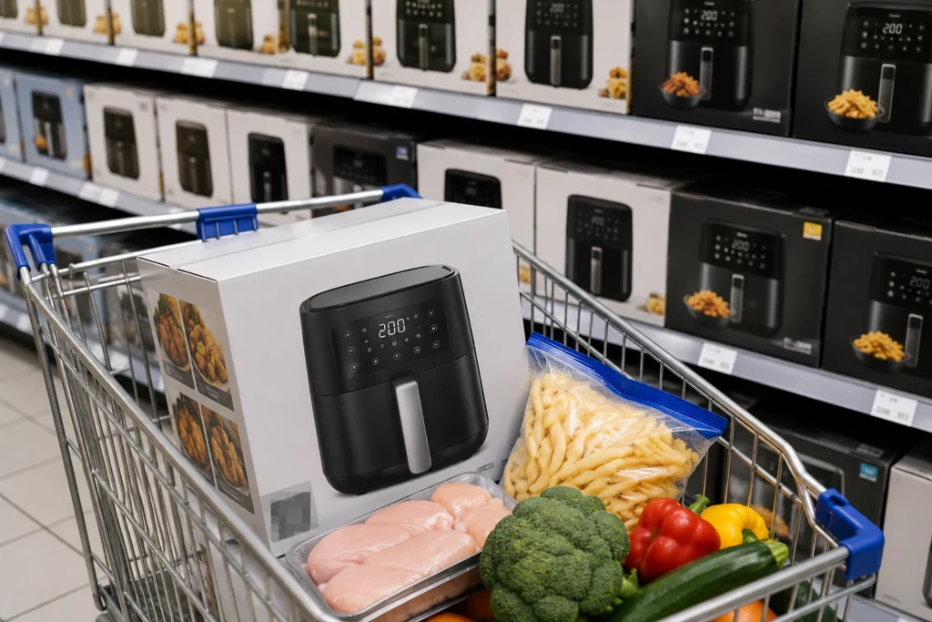 Aldi Heißluftfritteuse von AMBIANO im Supermarktregal