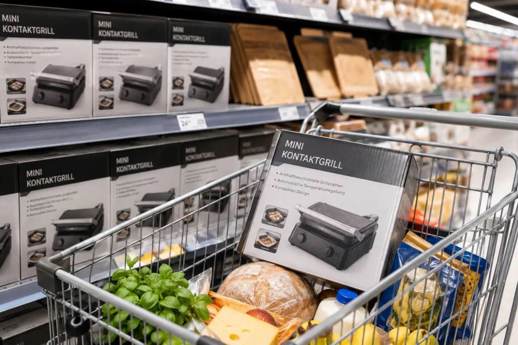 Aldi Mini-Kontaktgrill im Supermarktregal mit Einkaufswagen