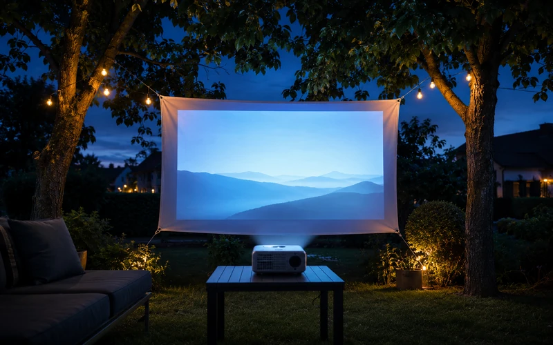 Beamer-Setup im Garten mit Leinwand zwischen Bäumen bei blauer Stunde