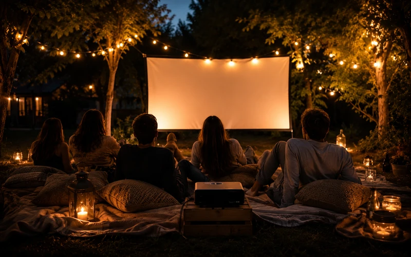 Gäste sitzen auf Decken im Garten und schauen auf eine Beamer-Projektion