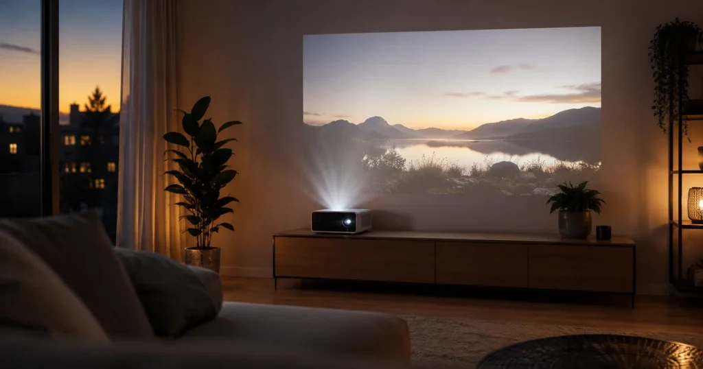 Beamer kaufen: Projektion auf Wand im gemütlichen Wohnzimmer bei Abenddämmerung