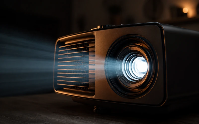 Nahaufnahme der Linse und Lichtquelle eines Beamers