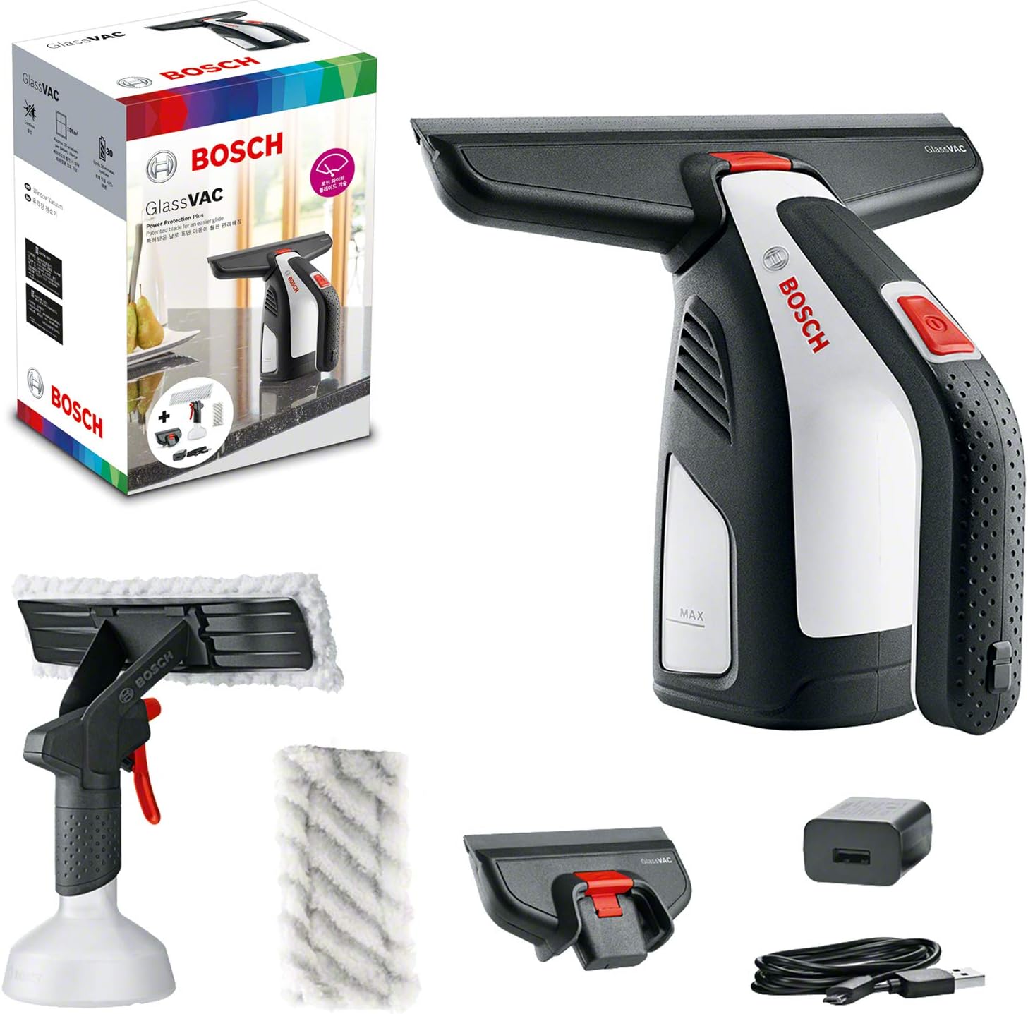 Bosch GlassVAC Akku-Fenstersauger auf einer Glasfläche