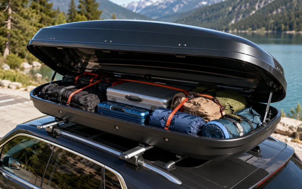 Geöffnete Dachbox mit Reisegepäck und Campingausrüstung auf einem Auto