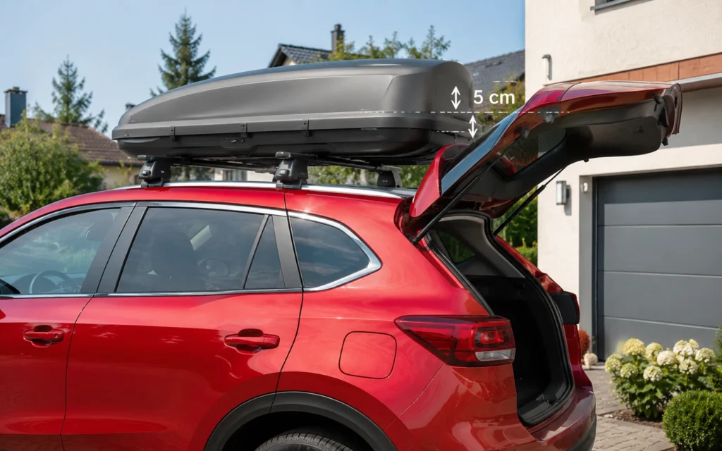 Die komplett geöffnete Heckklappe eines roten SUVs zeigt den korrekten Sicherheitsabstand zu einer grauen Dachbox