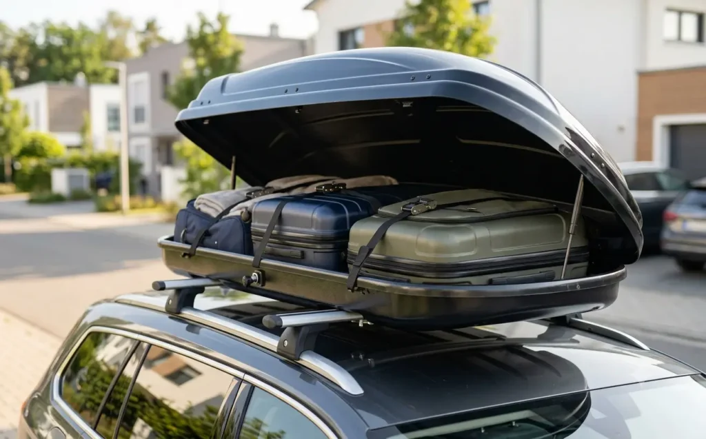 Geöffnete Dachbox mit Reisegepäck und Befestigungssystem auf einem Auto