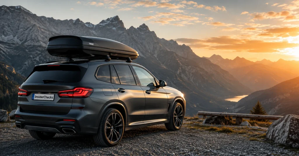 Wer eine neue Dachbox kaufen möchte, sieht hier ein beladenes Auto mit montierter Transportbox vor einer alpinen Bergkulisse