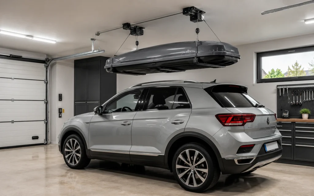 Eine graue Dachbox hängt an einem Deckenlift sicher über einem Auto in einer ordentlichen Garage