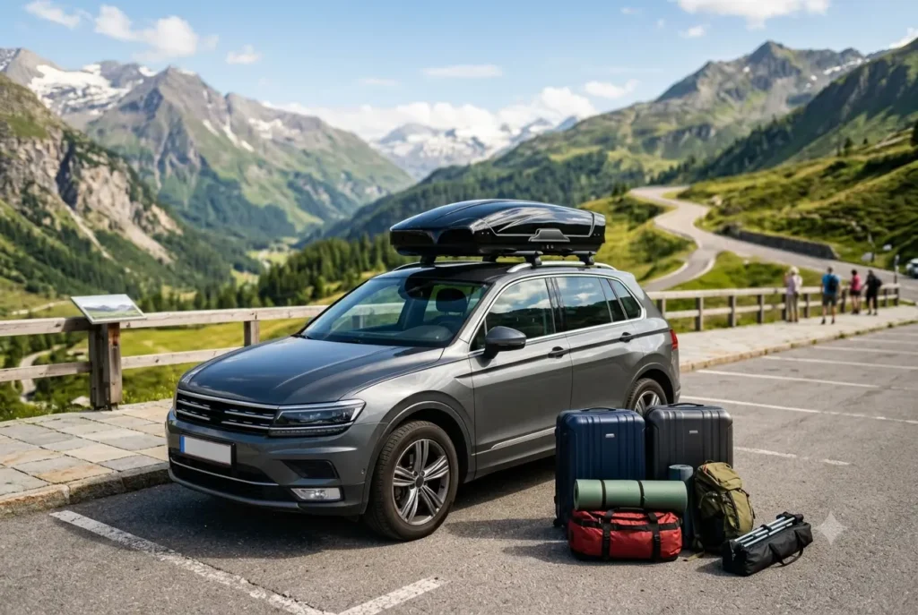 Dachbox Vergleich mit modernem SUV und montierter Dachbox vor einer Urlaubsreise