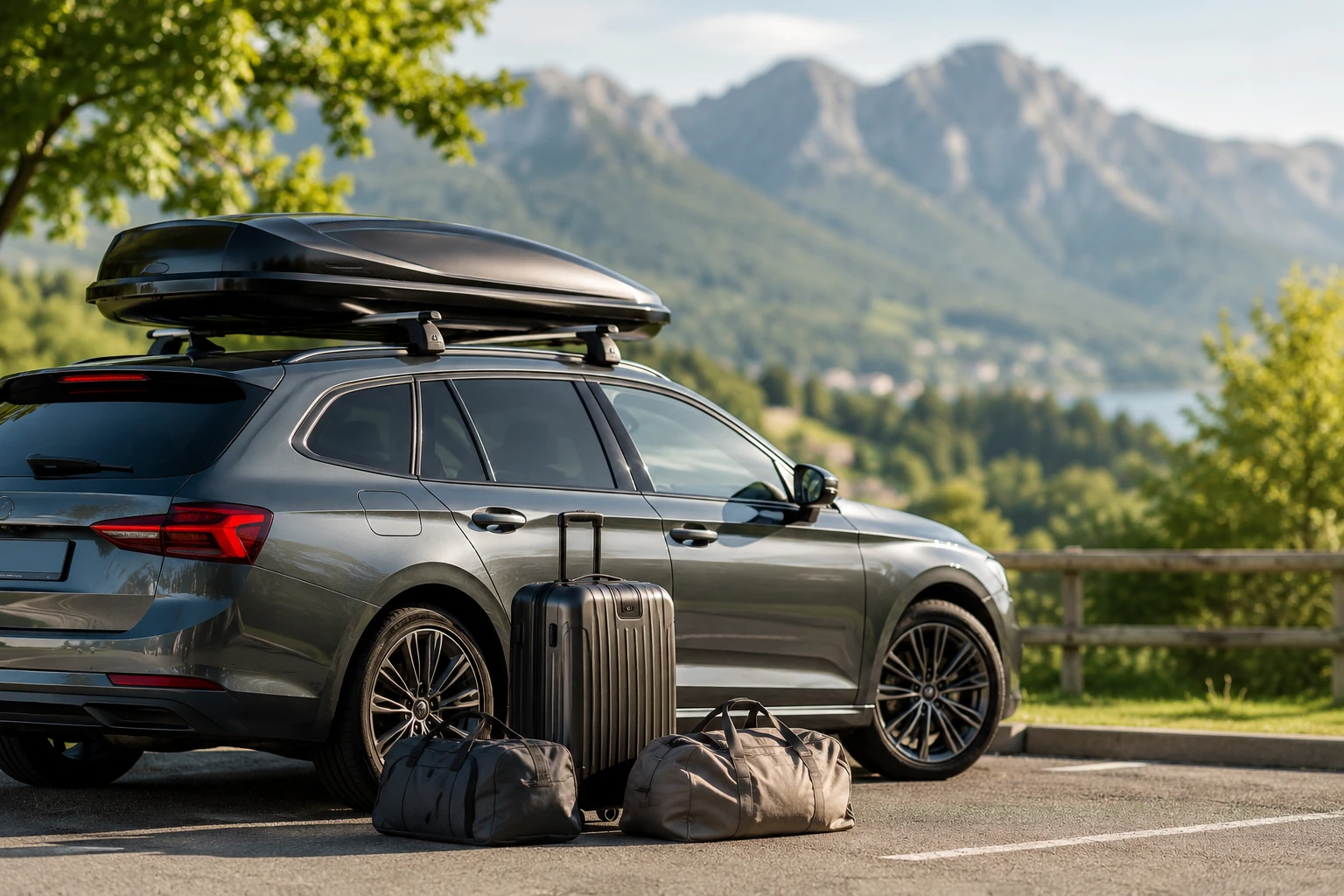 Dachbox Vergleich mit montierter Dachbox auf einem Familienauto vor einer Urlaubsreise