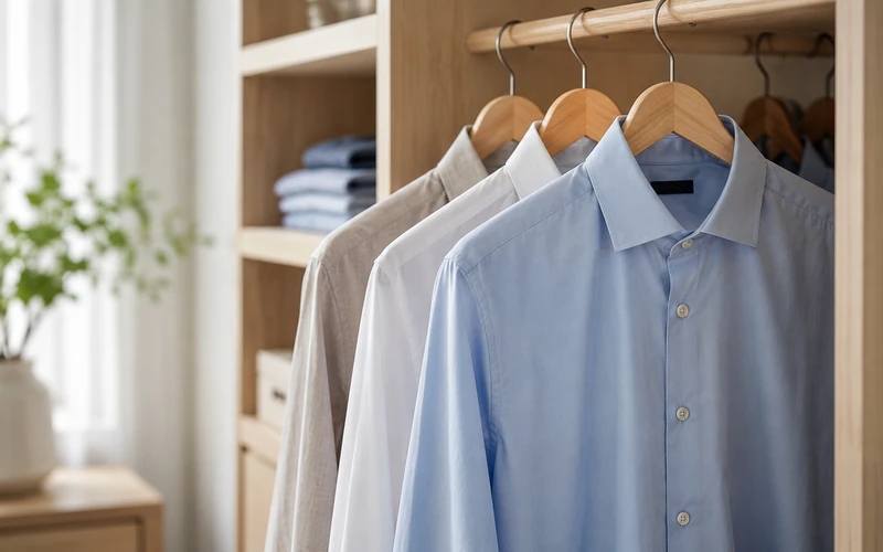 Ein ordentlich sortierter Kleiderschrank mit frisch gebügelten Hemden auf Kleiderbügeln