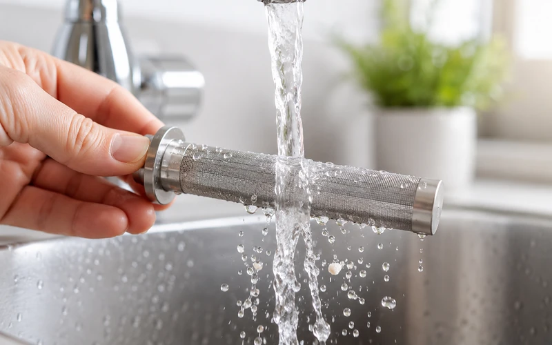 Auswaschbarer Kalk-Kollektor eines modernen Dampfbügeleisens beim Reinigen unter fließendem Wasser