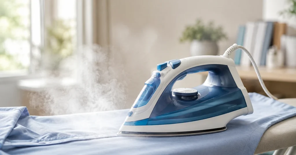 Modernes Dampfbügeleisen auf einem Bügelbrett beim Glätten eines Hemdes