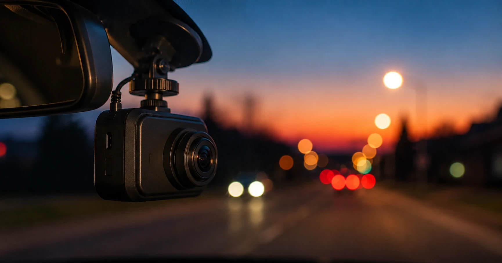 Montierte Dashcam an der Windschutzscheibe eines Autos bei Dämmerung mit Blick auf die Straße
