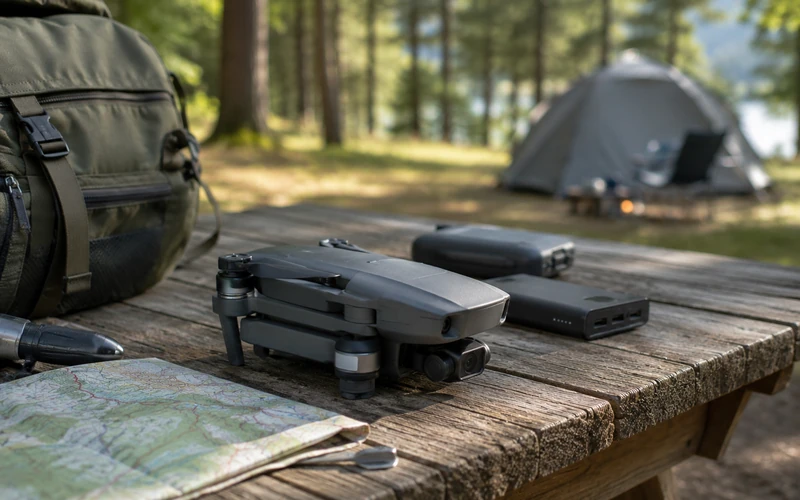 Eine zusammengeklappte Mini-Drohne liegt neben einem Rucksack und Camping-Ausrüstung auf einem hölzernen Tisch im Freien.